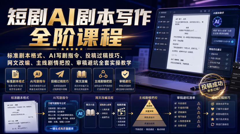 短剧AI剧本写作全阶课程｜标准剧本格式、AI写剧指令、投稿过稿技巧、网文改编、主线剧情把控、审稿避坑全套实操教学-离锋创库