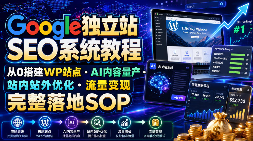 Google独立站SEO系统教程，从0搭建WP站点・AI内容量产・站内站外优化・流量变现完整落地SOP（2026年7月）-离锋创库