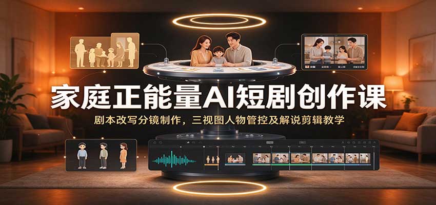 家庭正能量AI短剧创作课:剧本改写分镜制作,三视图人物管控及解说剪辑教学-离锋创库