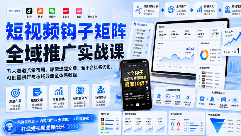 短视频钩子矩阵全域推广实战课｜五大赛道流量布局、爆款选题文案、全平台排名优化、AI批量创作与私域导流全体系教程-离锋创库