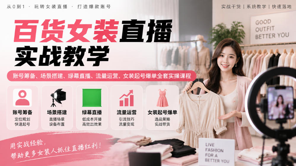 百货女装直播实战教学｜账号筹备、场景搭建、绿幕直播、流量运营、女装起号爆单全套实操课程-离锋创库
