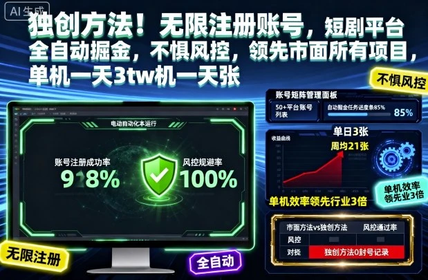 独创方法!无限注册账号,短剧平台全自动掘金,不惧风控,领先市面所有项目,单机一天3张【揭秘】-离锋创库