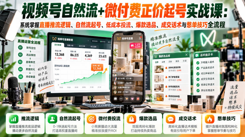 视频号自然流+微付费正价起号实战课:系统掌握直播推流逻辑、自然流起号、低成本投流、爆款选品、成交话术与憋单技巧全流程-离锋创库