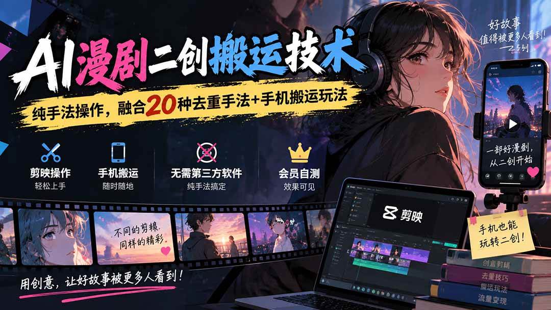 （20551期）AI漫剧二创搬运技术，纯手法操作，融合20种去重手法++手机搬运玩法-离锋创库