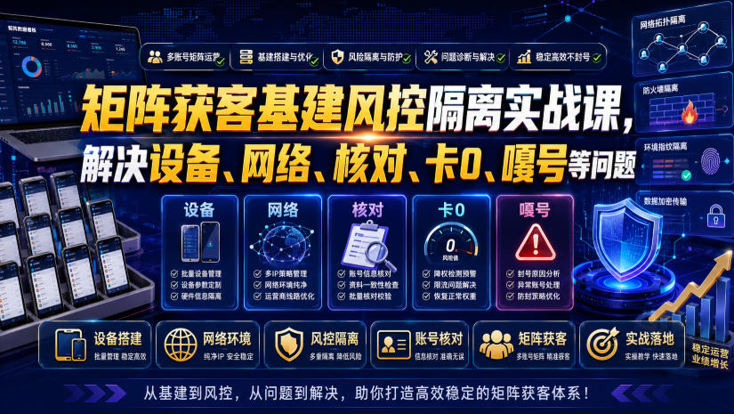 矩阵获客基建风控隔离实战课，解决设备、网络、核对、卡0、嘎号等问题-离锋创库