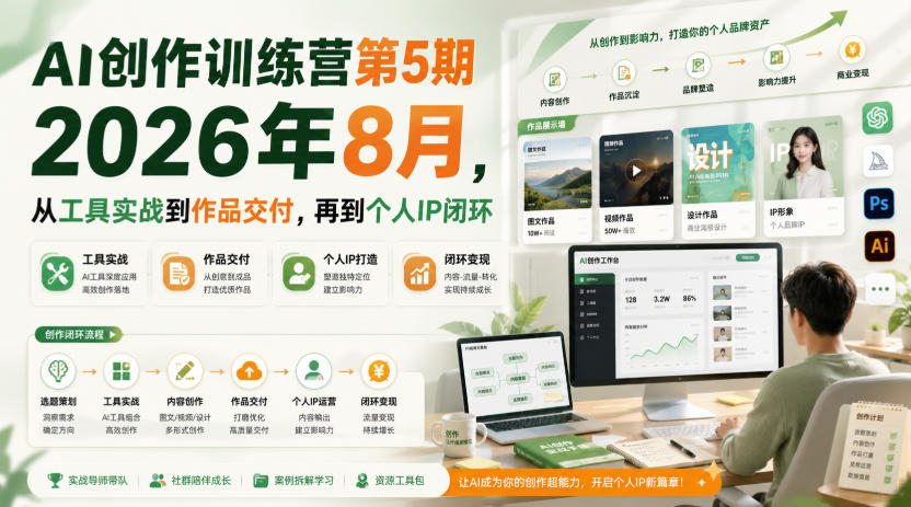 AI创作训练营第5期2026年8月,从工具实战到作品交付,再到个人IP闭环-离锋创库