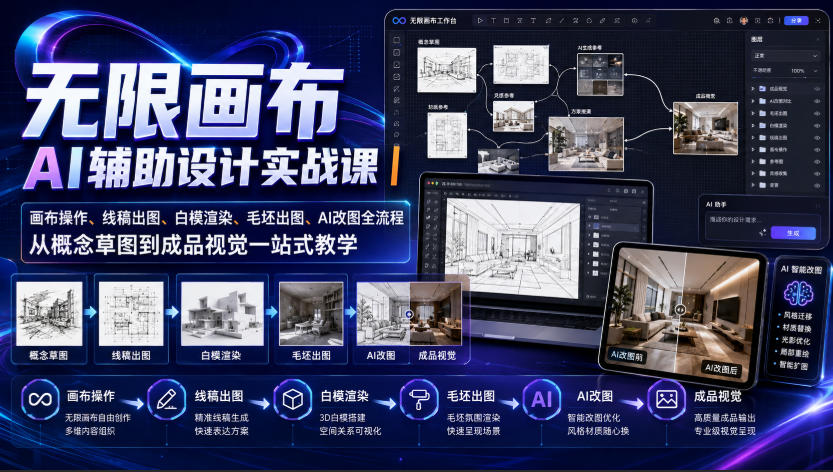 无限画布AI辅助设计实战课｜画布操作、线稿出图、白模渲染、毛坯出图、AI改图全流程，从概念草图到成品视觉一站式教学-离锋创库