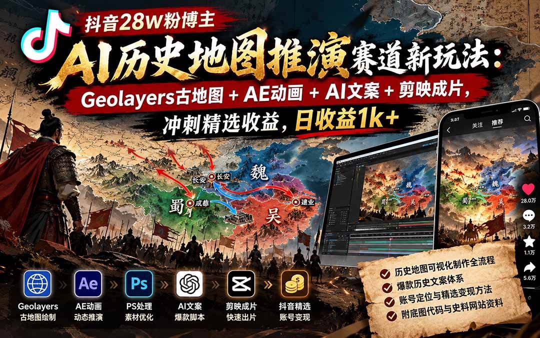 （20809期）抖音28W粉博主AI历史地图推演赛道新玩法：Geolayers古地图+AE动画+AI文案+剪映成片，冲刺精选收益，日收益1k+-离锋创库