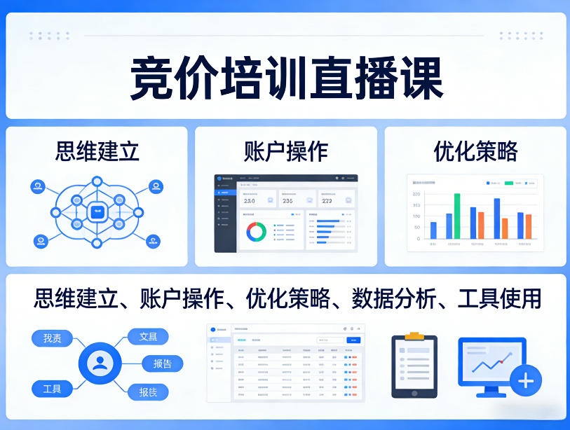 竞价培训直播课,覆盖思维建立、账户操作、优化策略、数据分析、工具使用等,全方位提升效果 竞价培训直播课,覆盖思维建立、账户操作、优化策略、数据分析、工具使用等,全方位提升效果
