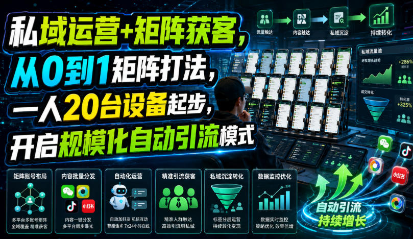 私域运营+矩阵获客,从0到1矩阵打法,一人20台设备起步,开启规模化自动引流模式!-离锋创库