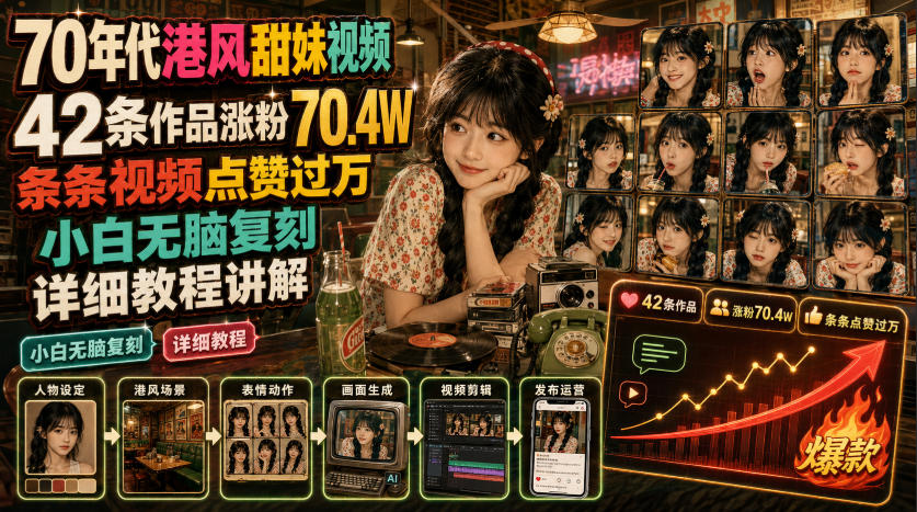 70年代港风甜妹视频,42条作品涨粉70.4W,条条视频点赞过万,小白无脑复刻,详细教程讲解-离锋创库
