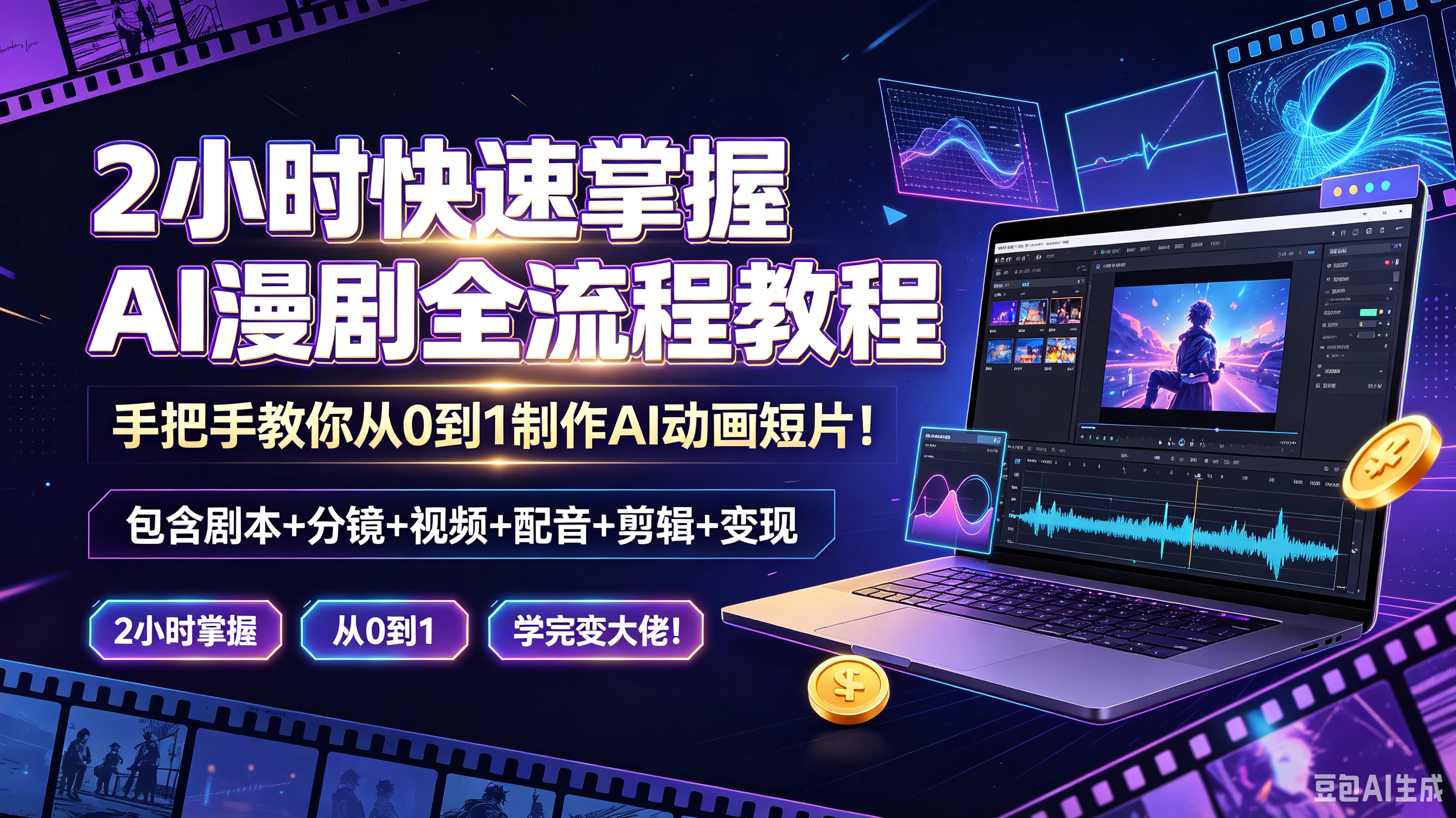 【精】2小时快速掌握AI漫剧全流程教程，手把手教你从0到1制作A动画短片！包含剧本+分镜+视频+配音+剪辑+变现，2小时掌握、从0到1、学完变大佬！-离锋创库