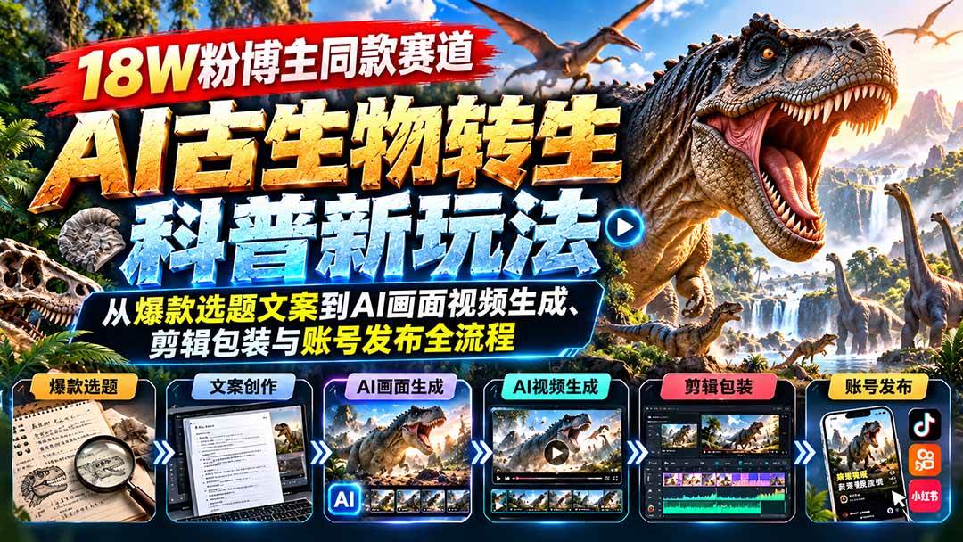 (20833期)18W粉博主同款赛道-AI古生物转生科普新玩法:从爆款选题文案到AI画面视频生成、剪辑包装与账号发布全流程-离锋创库