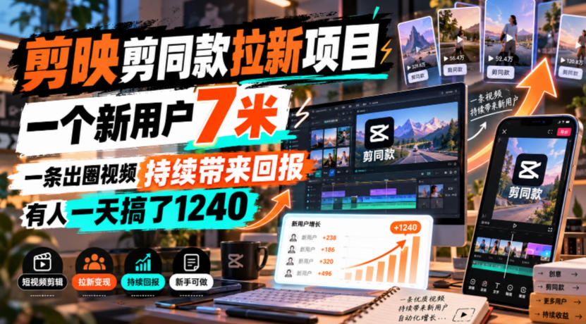 剪映剪同款拉新项目，一个新用户7米，一条出圈视频持续带来回报，有人一天搞了1240-离锋创库