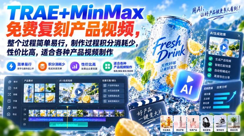TRAE+MinMax免费复刻产品视频，整个过程简单易行，制作过程积分消耗少，性价比高，适合各种产品视频制作-离锋创库