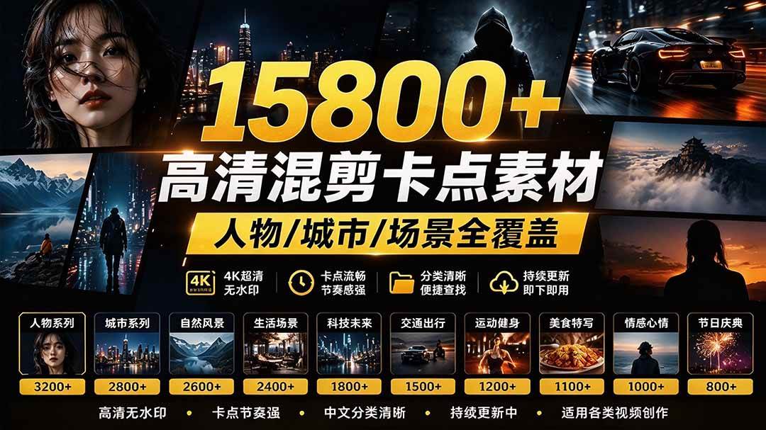 (21008期)【影视剪辑素材合集】15800+高清混剪卡点|热门影视精彩片段|人物/城市/场景全覆盖,中文分类清晰-离锋创库
