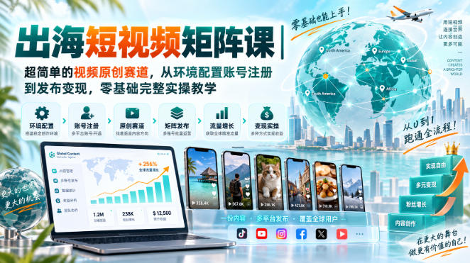 出海短视频矩阵课｜超简单的视频原创赛道，从环境配置账号注册到发布变现，零基础完整实操教学-离锋创库