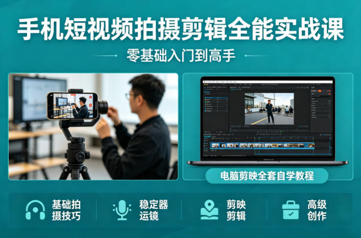手机短视频拍摄剪辑全能实战课：零基础入门到高手，稳定器运镜+电脑剪映全套自学教程-离锋创库