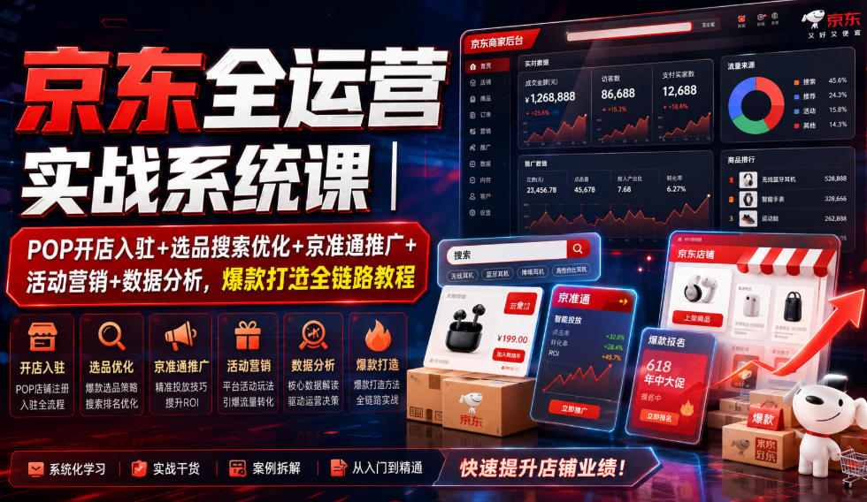 京东全运营实战系统课｜POP开店入驻+选品搜索优化+京准通推广+活动营销+数据分析，爆款打造全链路教程-离锋创库
