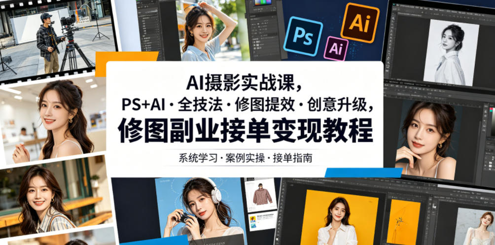 AI摄影实战课，PS+AI・全技法・修图提效・创意升级，修图副业接单变现教程-离锋创库