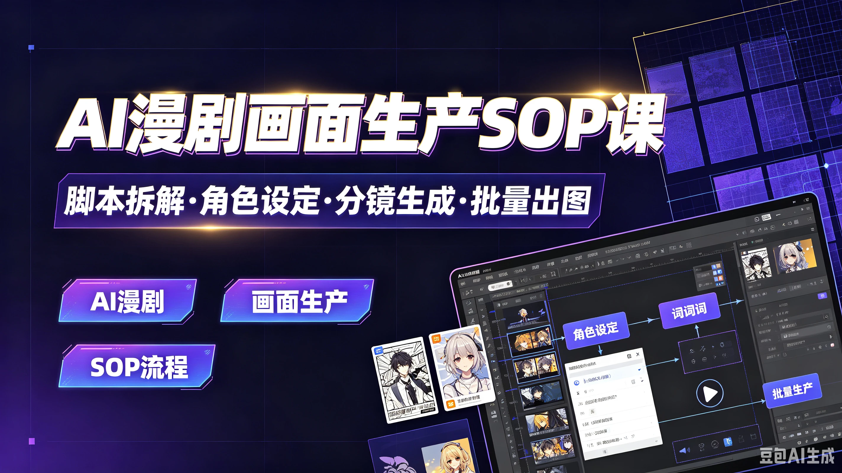 【精】AI漫剧画面生产SOP课，脚本拆解·角色设定·分镜生成·批量出图，AI漫剧、画面生产、SOP流程-离锋创库