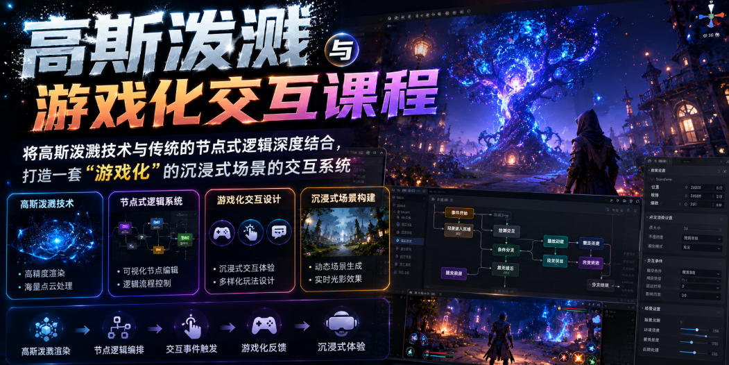 高斯泼溅与游戏化交互课程,将高斯泼溅技术与传统的节点式逻辑深度结合,打造一套“游戏化”的沉浸式场景的交互系统-离锋创库