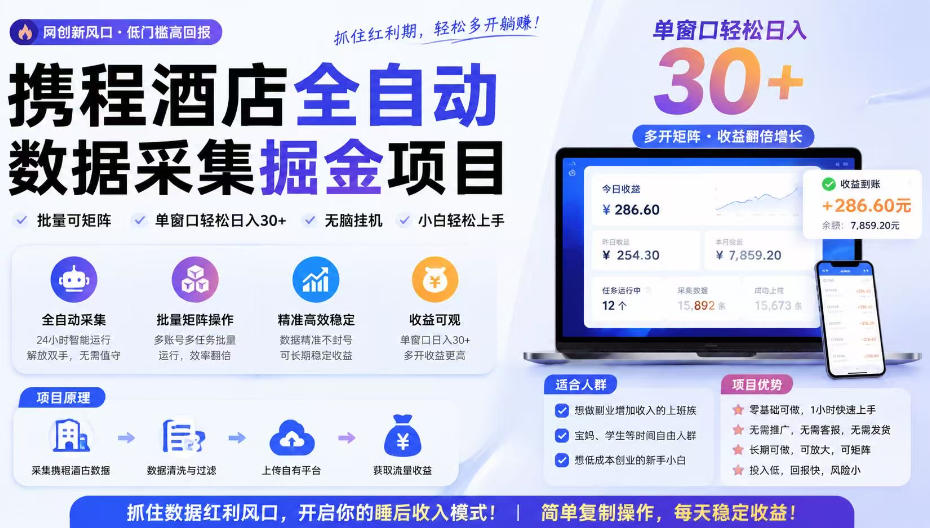 携程酒店采集挂G项目，批量可矩阵，单机轻松日入300+，开启你的睡后收入模式!【揭秘】-离锋创库