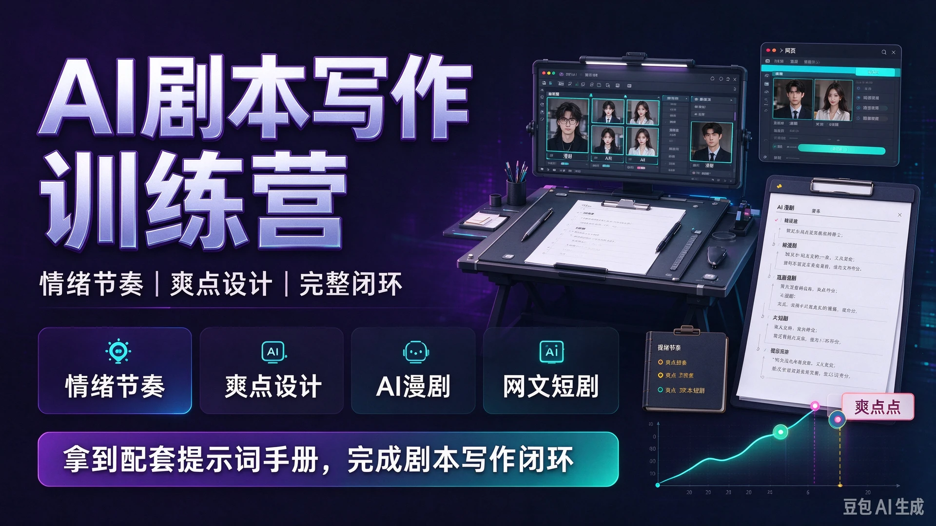【精】AI剧本写作训练营，带你学习剧本情绪节奏与爽点设计，掌握AI漫剧、网文与短剧创作方法，拿到配套提示词手册完成剧本写作闭环-离锋创库