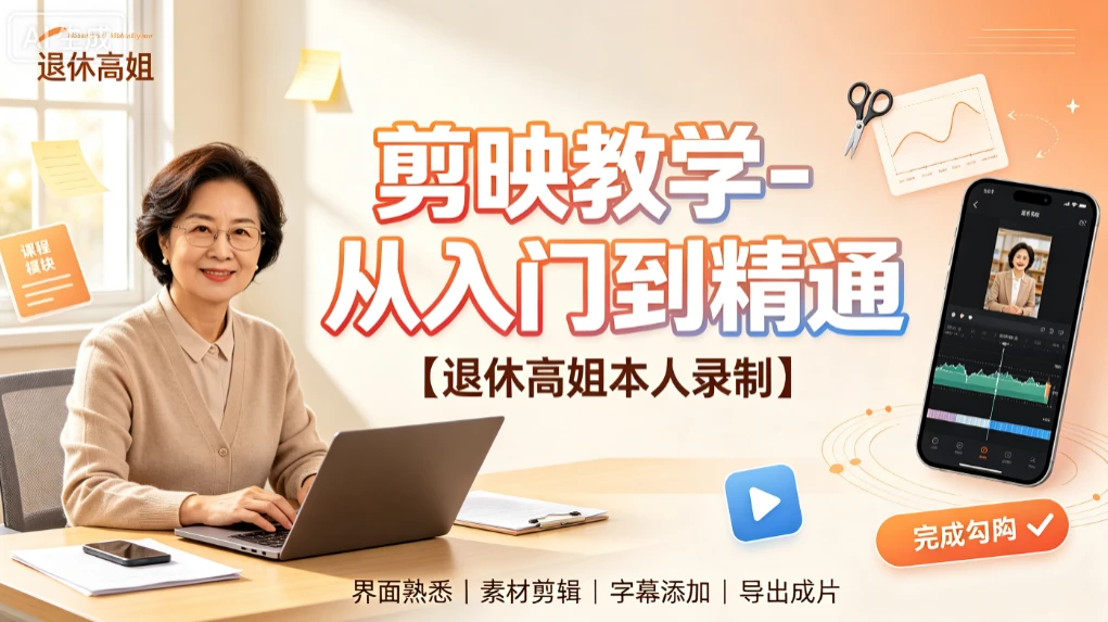 【精】剪映教学-从入门到精通,退休高姐本人录制,界面熟悉、素材剪辑、字幕添加、导出成片-离锋创库
