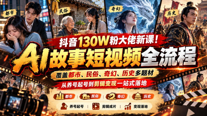 抖音130W粉大佬新课！AI故事短视频全流程，覆盖都市、民俗、奇幻、历史多题材，从养号起号到剪辑变现一站式落地-离锋创库