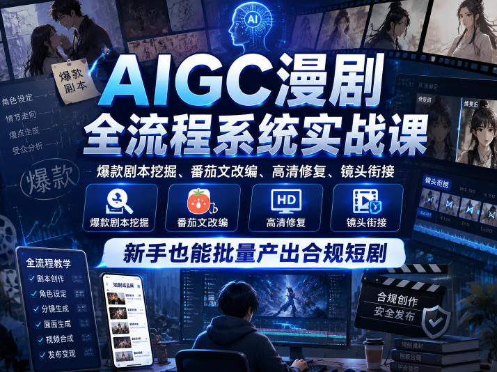 AIGC漫剧全流程系统实战课，爆款剧本挖掘、番茄文改编、高清修复、镜头衔接，新手也能批量产出合规短剧-离锋创库