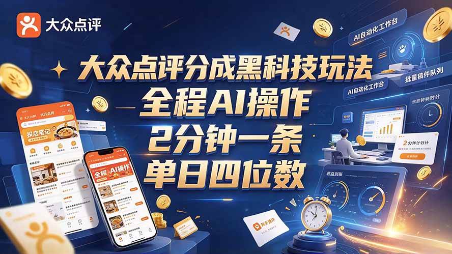 (21013期)大众点评分成全网独家玩法,AI 全自动出内容,2 分钟一条,小白可冲单日四位数-离锋创库