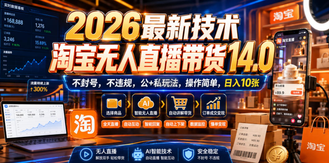 2026最新技术，淘宝无人直播带货14.0，不封号，不违规，公+私玩法，操作简单，日入10张【揭秘】-离锋创库
