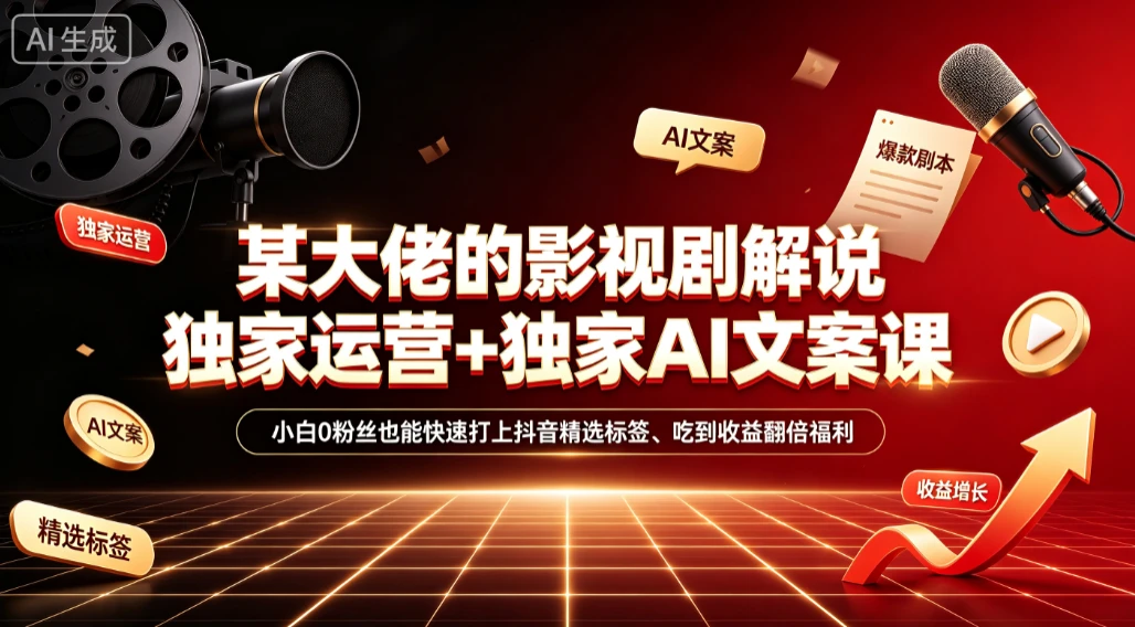 【精】某大佬的影视剧解说独家运营+独家AI文案课,小白0粉丝也能快速打上抖音精选标签、吃到收益翻倍福利-离锋创库