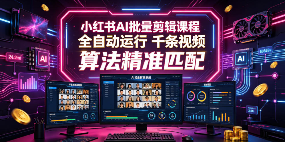 小红书AI批量剪辑课程，24小时全自动运行，解放双手专注运营，千条视频批量处理，小红书算法精准匹配-离锋创库