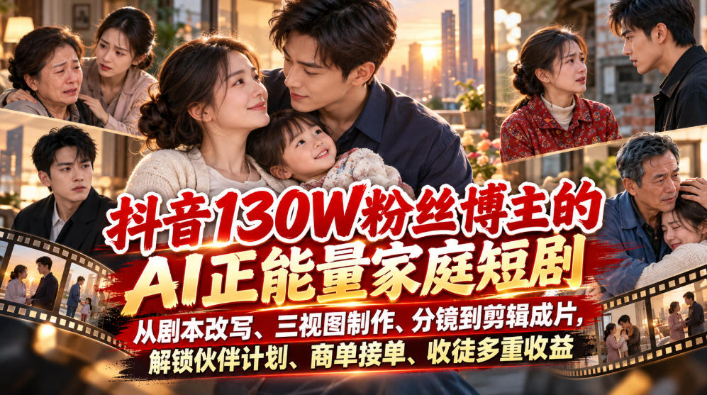 抖音130W粉丝博主的AI正能量家庭短剧，从剧本改写、三视图制作、分镜到剪辑成片，解锁伙伴计划、商单接单、收徒多重收益-离锋创库