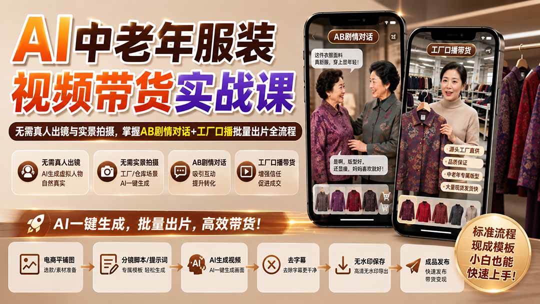 (20198期)AI中老年服装视频带货实战课:无需真人出镜与实景拍摄,掌握AB剧情对话+工厂口播批量出片全流程 (20198期)AI中老年服装视频带货实战课:无需真人出镜与实景拍摄,掌握AB剧情对话+工厂口播批量出片全流程