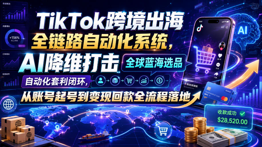 TikTok跨境出海全链路自动化系统,AI降维打击全球蓝海选品自动化套利闭环,从账号起号到变现回款全流程落地(2026年7月)-离锋创库