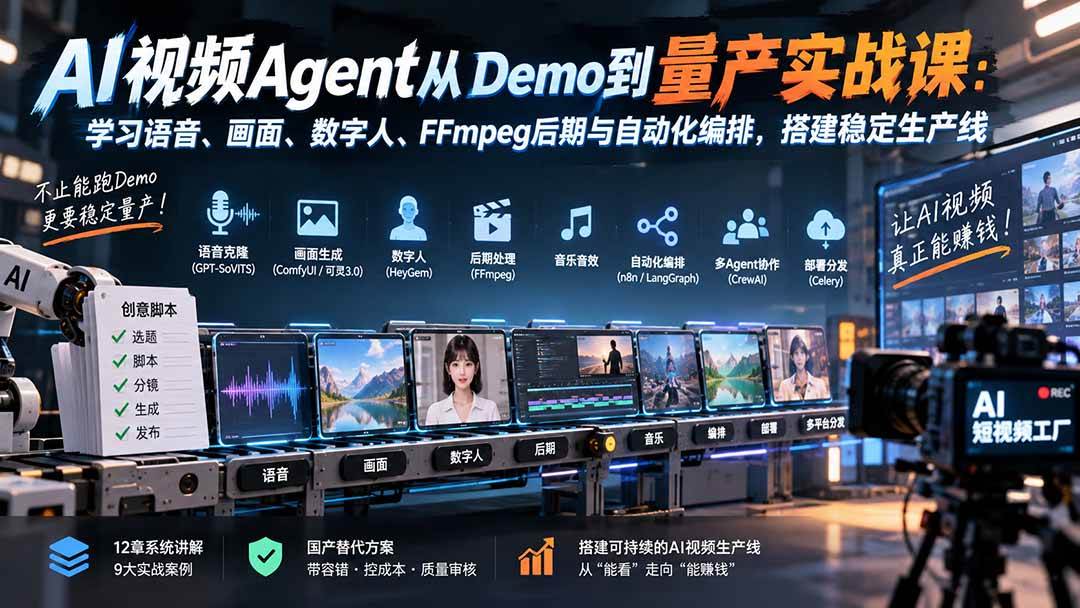 （20451期）AI视频Agent从Demo到量产实战课：学习语音、画面、数字人、FFmpeg后期与自动化编排，搭建稳定生产线-离锋创库
