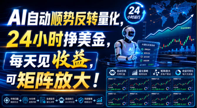 AI自动顺势反转量化，24小时挣美金，每天见收益，可矩阵放大！【揭秘】-离锋创库