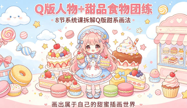 Q版人物+甜品食物团练，8节系统课拆解Q版甜系画法，画出属于自己的甜蜜插画世界-离锋创库