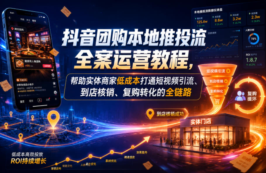 抖音团购本地推投流全案运营教程，帮助实体商家低成本打通短视频引流、到店核销、复购转化的全链路-离锋创库
