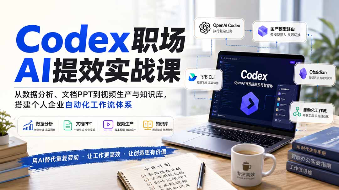 【精】Codex职场AI提效实战课：从数据分析、文档PPT到视频生产与知识库，搭建个人企业自动化工作流体系
