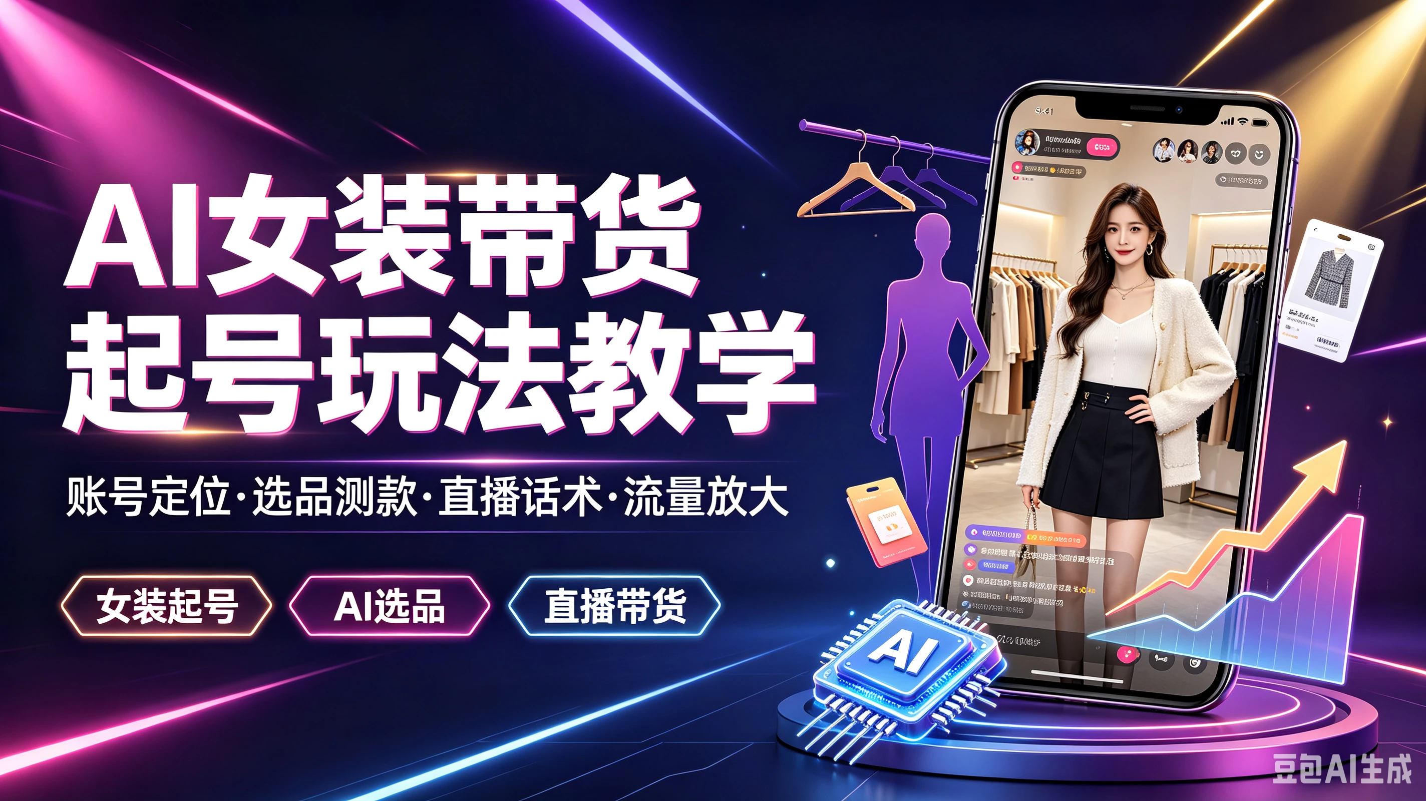【精】AI女装带货起号玩法教学，帐号定位·选品测款·直播话术·流量放大，女装起号、Al选品、直播带货-离锋创库
