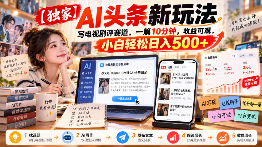 【独家】AI头条新玩法，写电视剧评赛道，一篇10分钟，收益可观，小白轻松日入500+-离锋创库