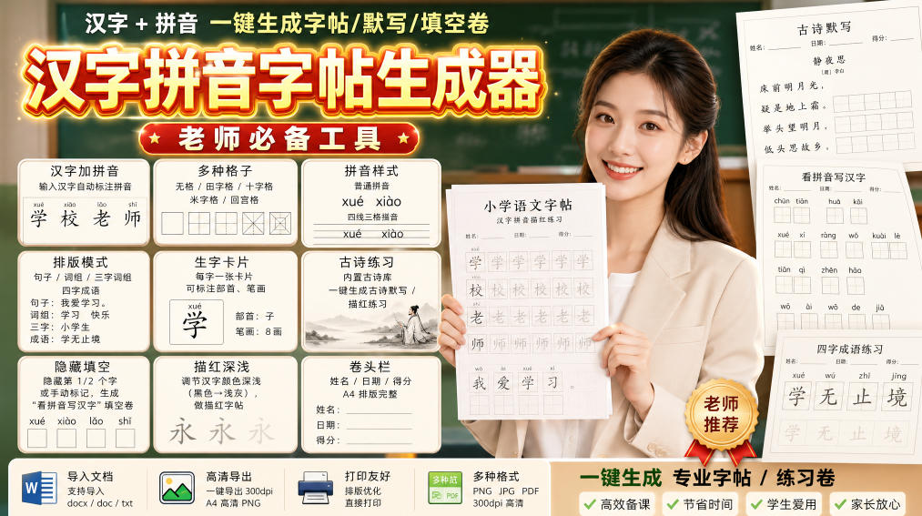学习神器,汉字拼音字帖生成器,汉字+拼音 一键生成字帖/默写/填空卷,支持词组、成语,老师、家长必备 学习神器,汉字拼音字帖生成器,汉字+拼音 一键生成字帖/默写/填空卷,支持词组、成语,老师、家长必备