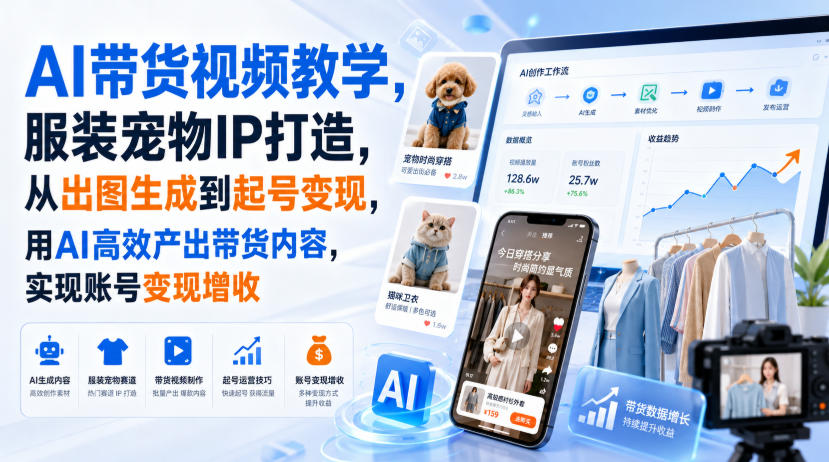 AI带货视频教学，服装宠物IP打造，从出图生成到起号变现，用AI高效产出带货内容，实现账号变现增收-离锋创库