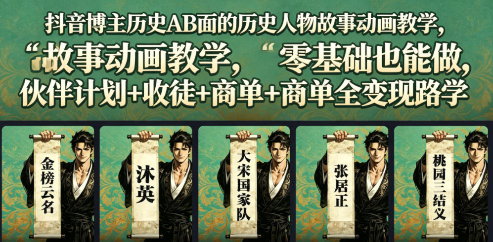 抖音博主历史AB面的历史人物故事动画教学，零基础也能做，伙伴计划+收徒+商单全变现路径教学-离锋创库