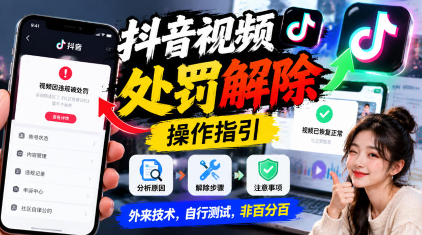 抖音视频处罚解除操作指引，外来技术，自行测试，非百分百-离锋创库