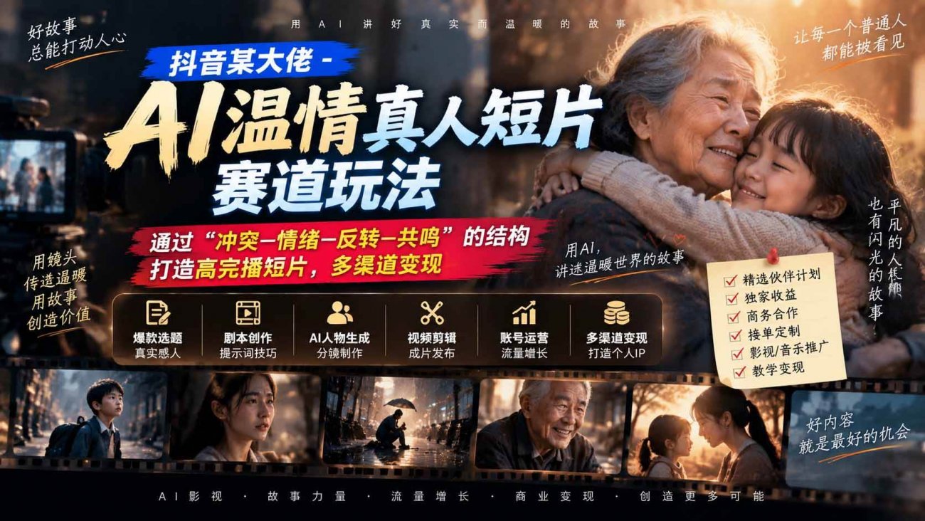 （20538期）抖音某大佬-AI温情真人短片赛道玩法：通过“冲突—情绪—反转—共鸣”的结构打造高完播短片，多渠道变现-离锋创库